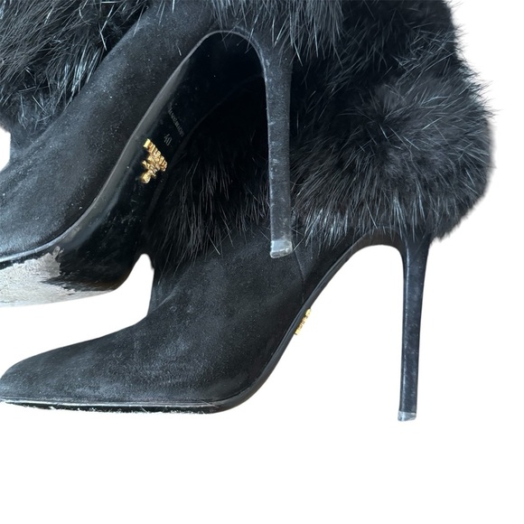 Prada Calzature Donna Camoscio Fur Trimmed Ankle Heel Boot Black (Nero) Size 40 - Picture 4 of 12